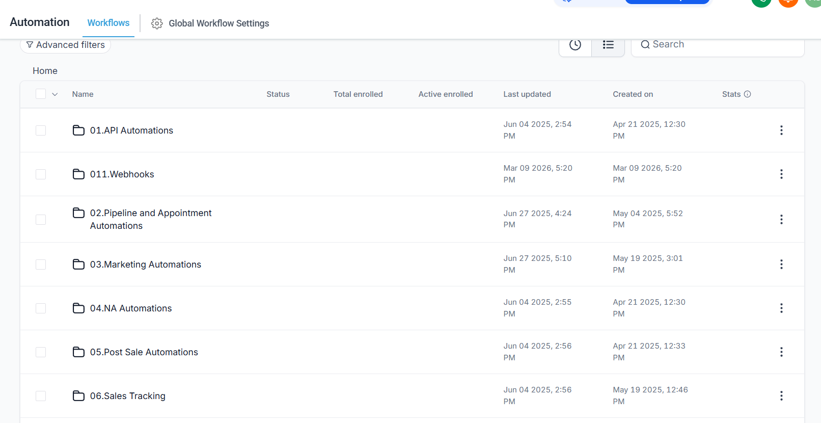 GoHighLevel automations panel during an audit, showing the workflows feeding pipeline stages and reporting