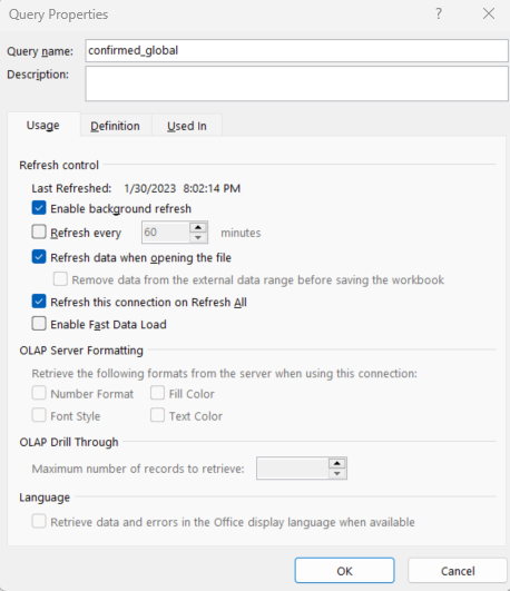 Power Query connection properties set to refresh on file open