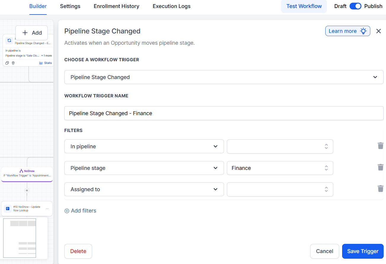 Pipeline stage changed trigger setup in GoHighLevel